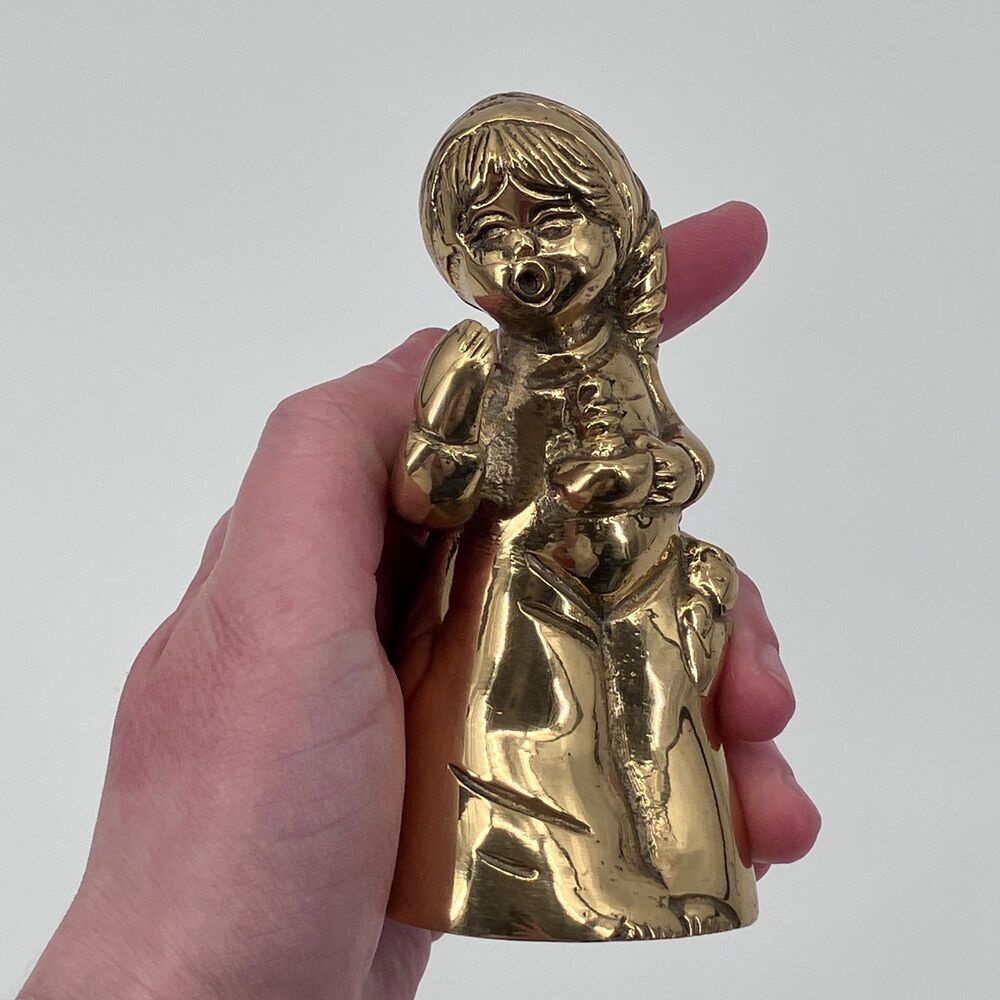 Vintage Gold Brass Bell Sleepy Girl Holding Candle, Made in India